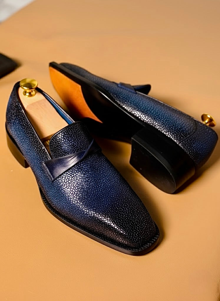 Blue & black patina stingray loafers