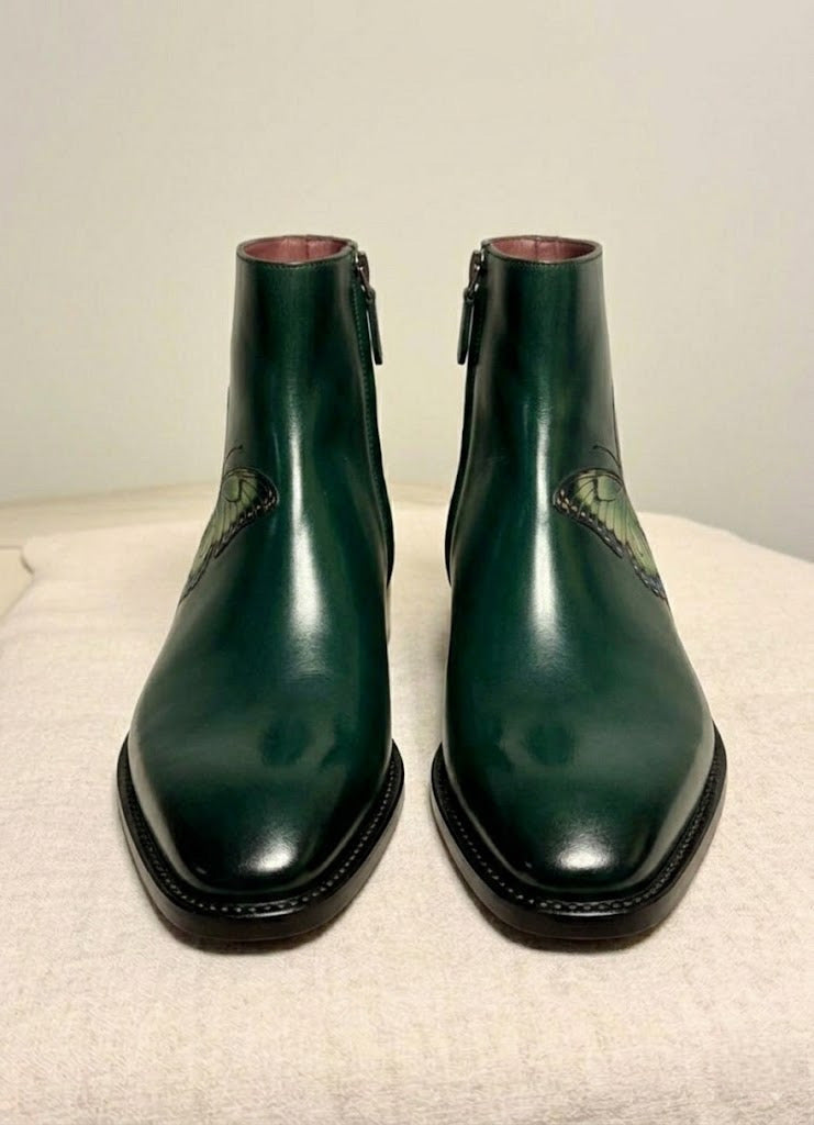 Green patina butterfly zipper boots