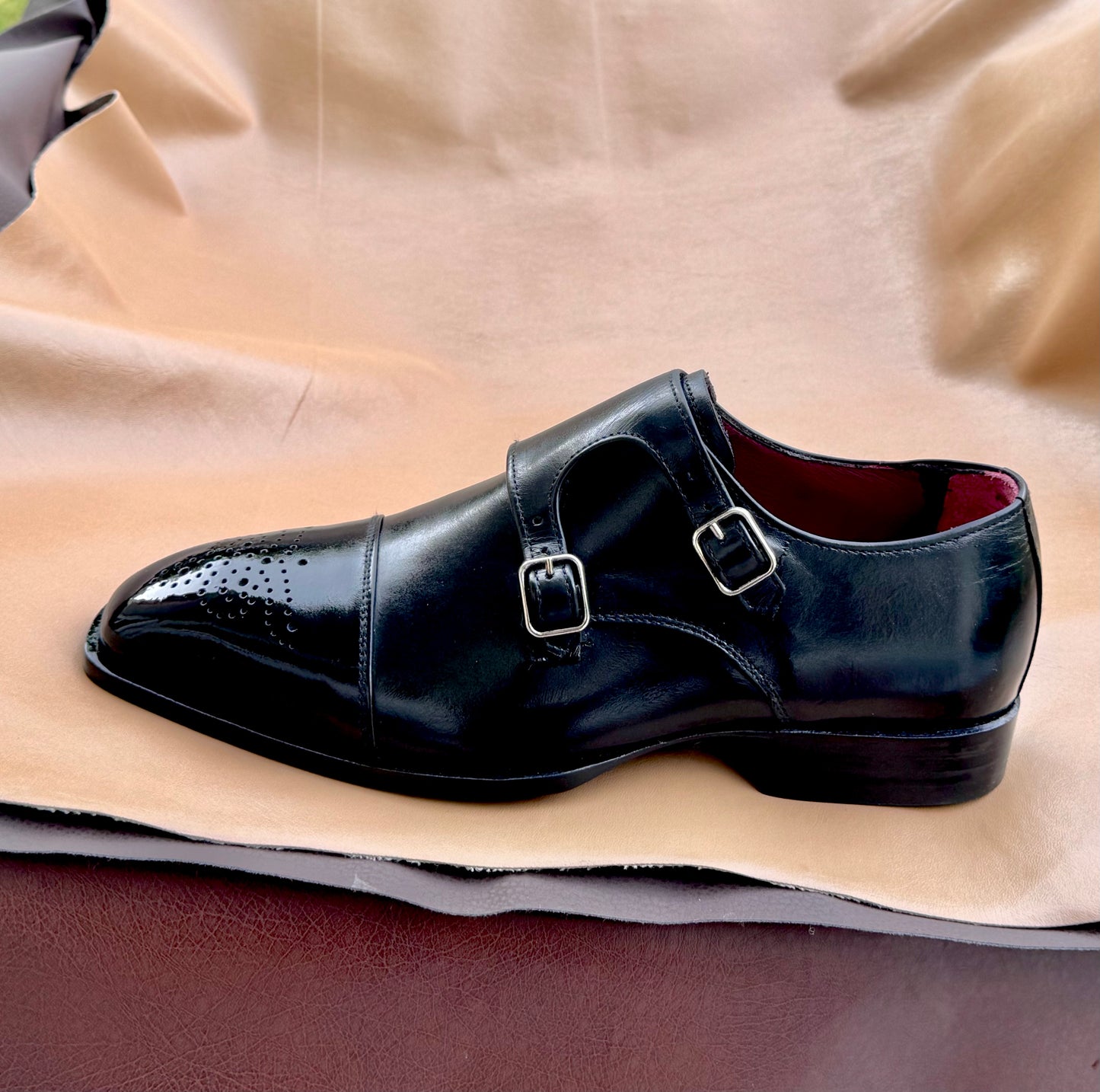 Black semi brogue double monkstrap