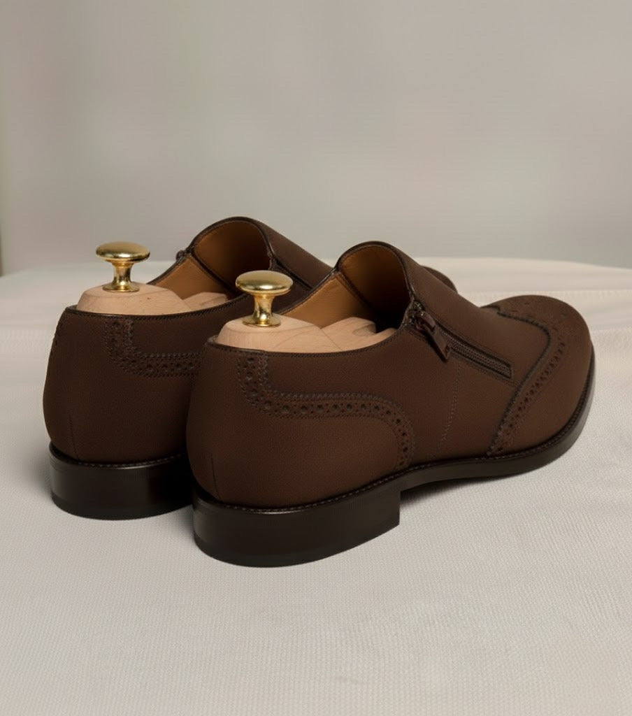 Dark brown suede zipper brogue