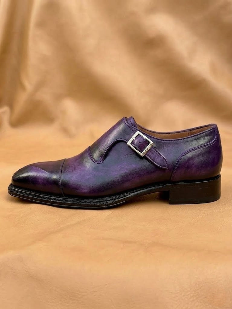 Purple patina cross stitched toe monkstrap