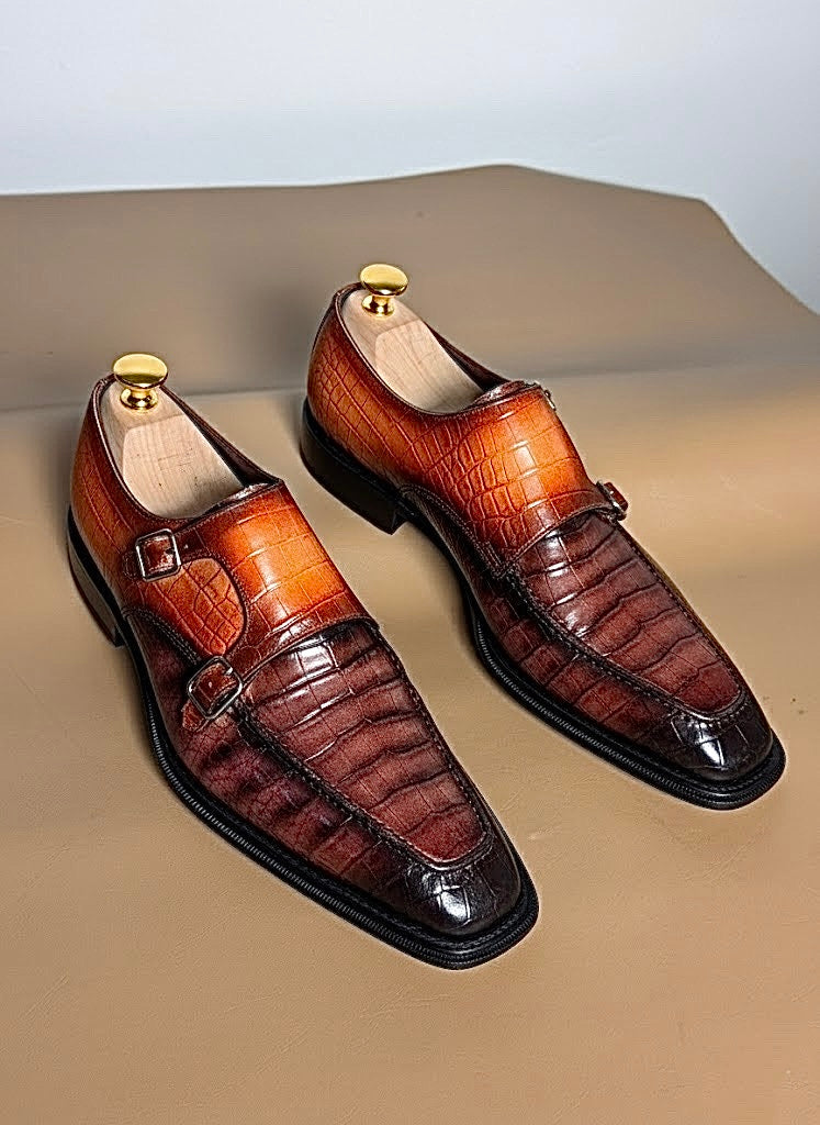 Patina crocodile double monkstrap