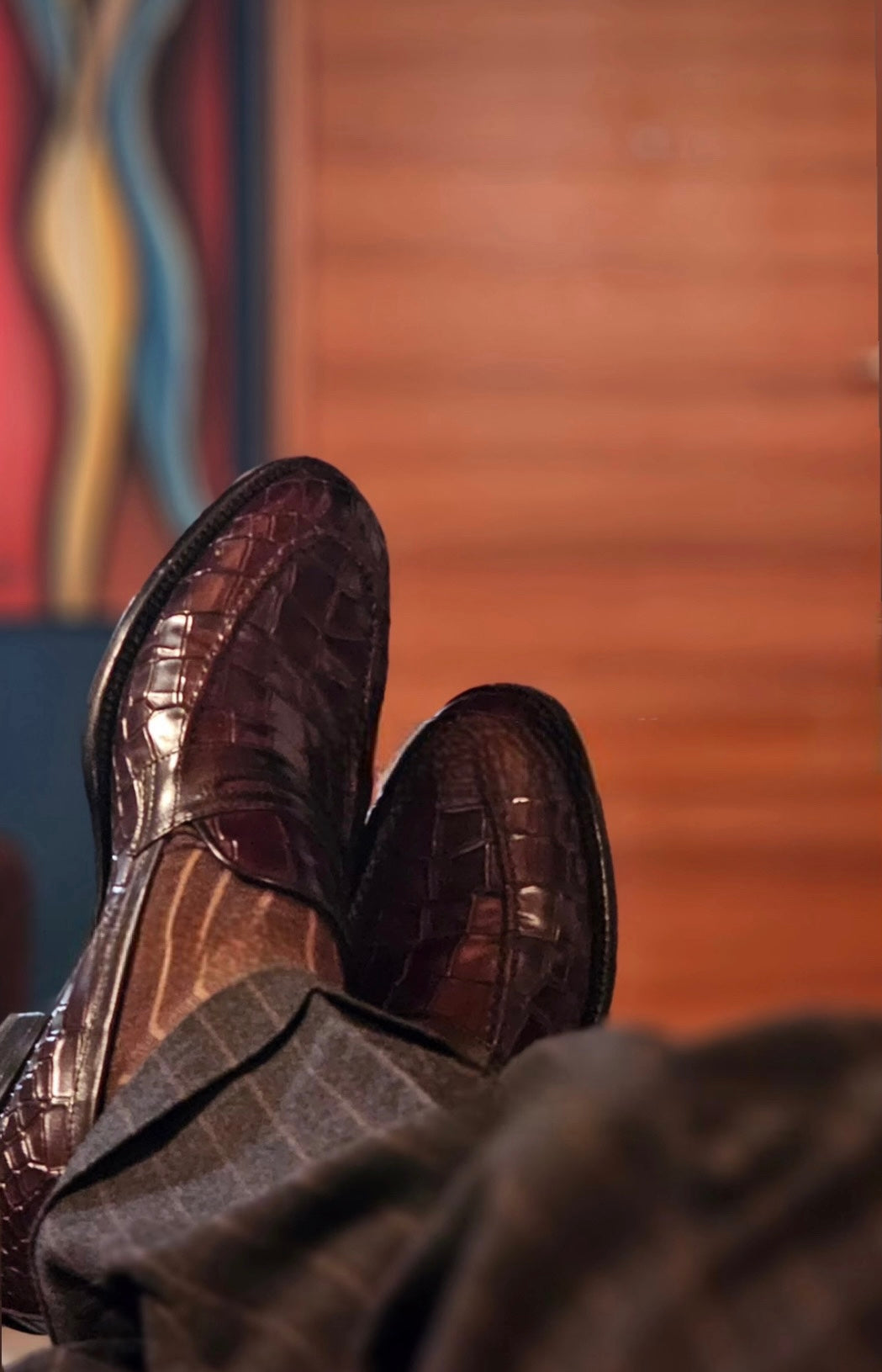 Burgundy crocodile penny loafer