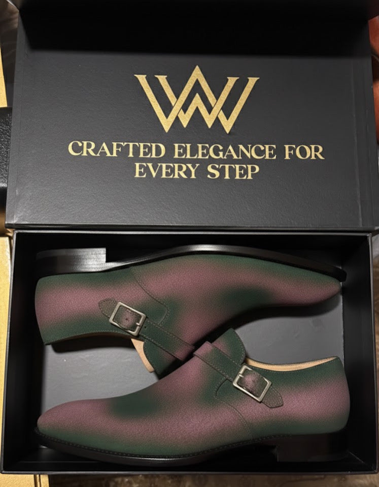 Pink and green patina suede monk strap