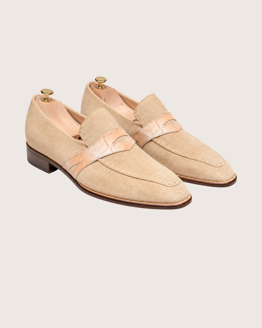 Beige suede penny loafer