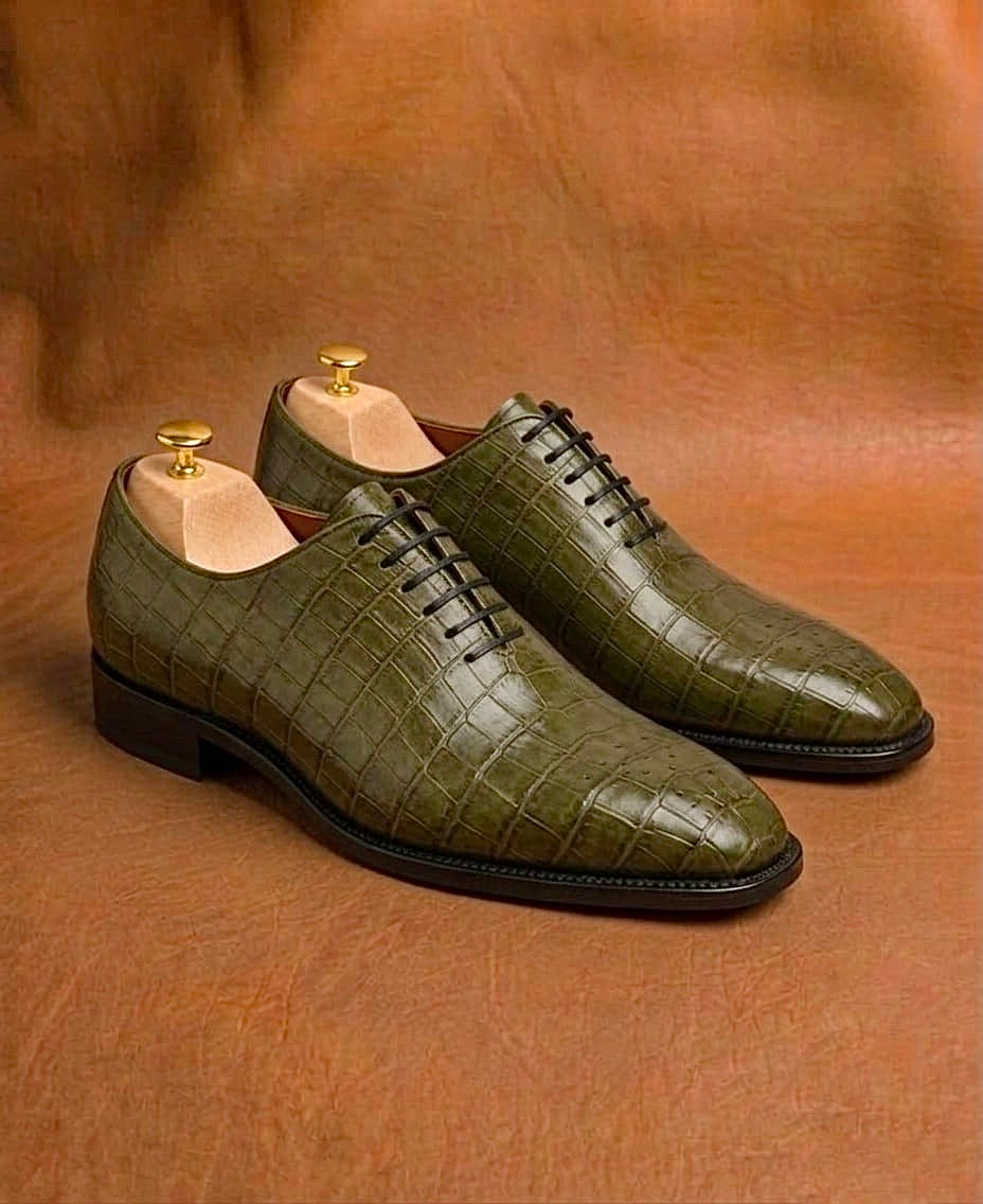 olive green crocodile oxford shoes for men, genuine skin, handmade