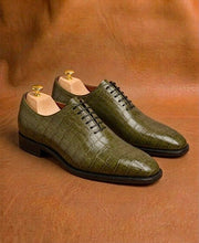 olive green crocodile oxford shoes for men, genuine skin, handmade