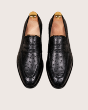 Black ostrich skin penny loafers