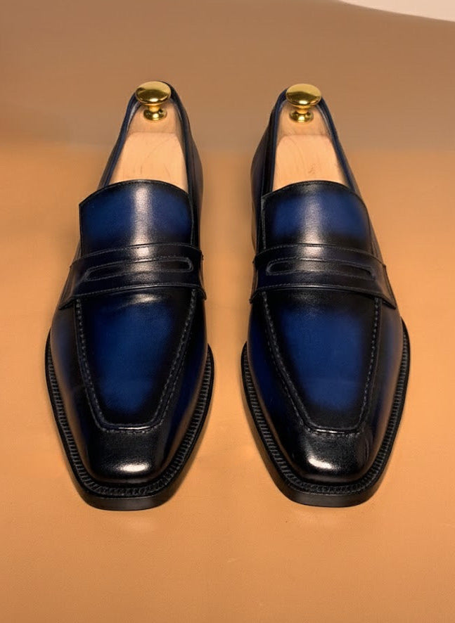 Blue patina penny loafers