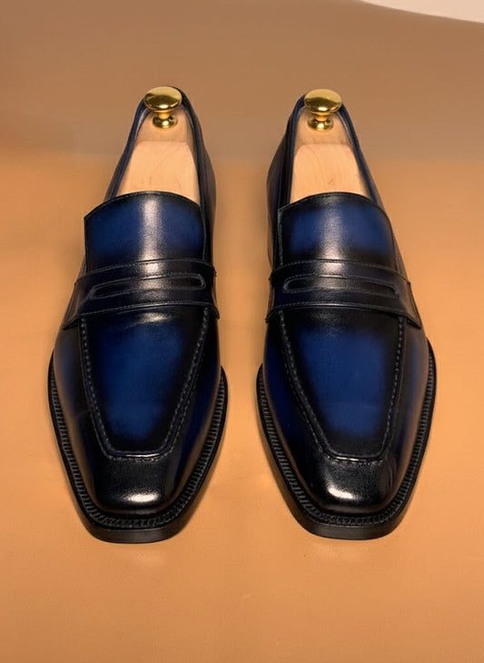 Blue patina penny loafers