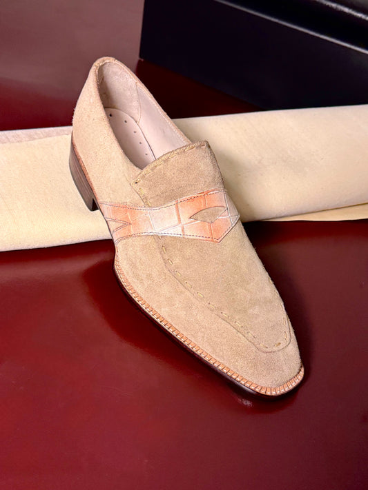 Beige suede penny loafer