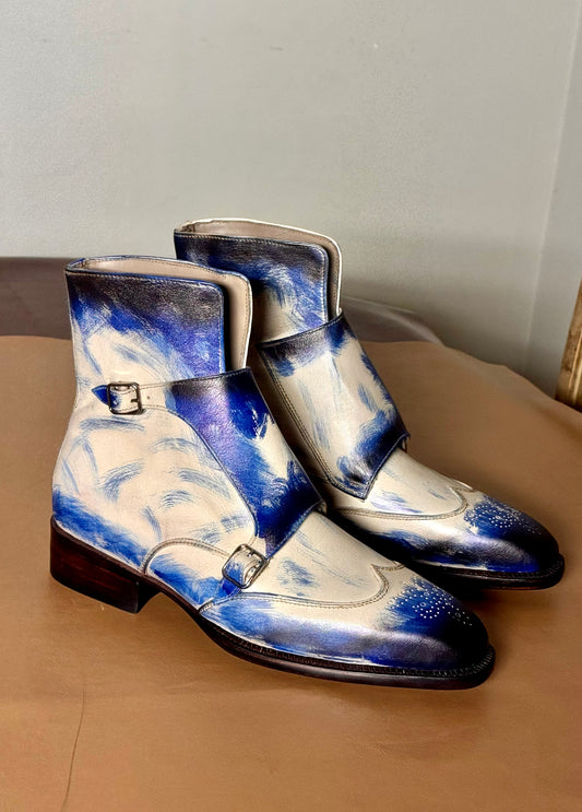 Blue patina monkstrap boots