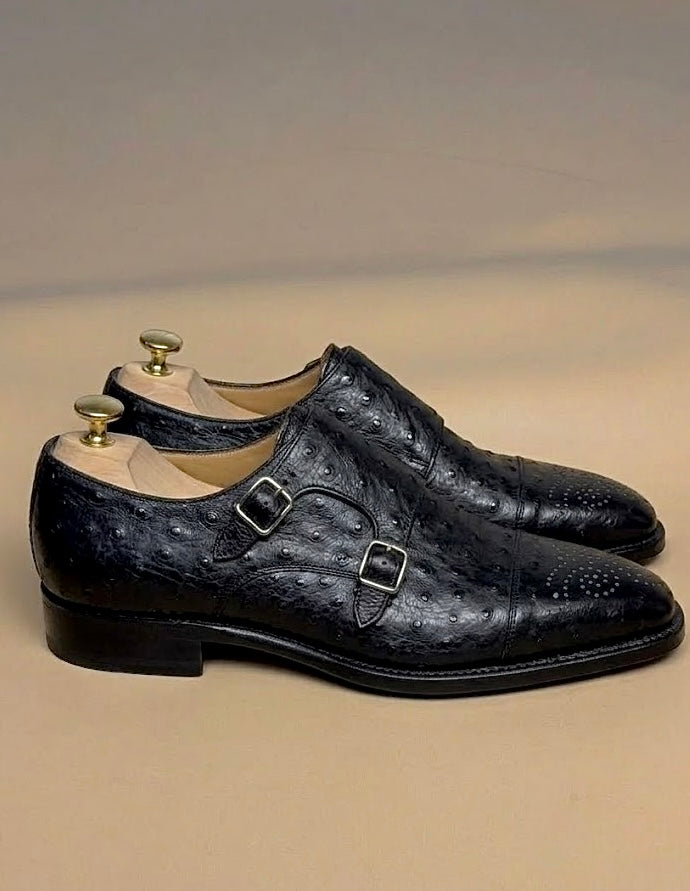 Black ostrich skin monkstrap