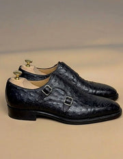 Heel of ostrich skin wholecut oxford showing the single hidden back seam