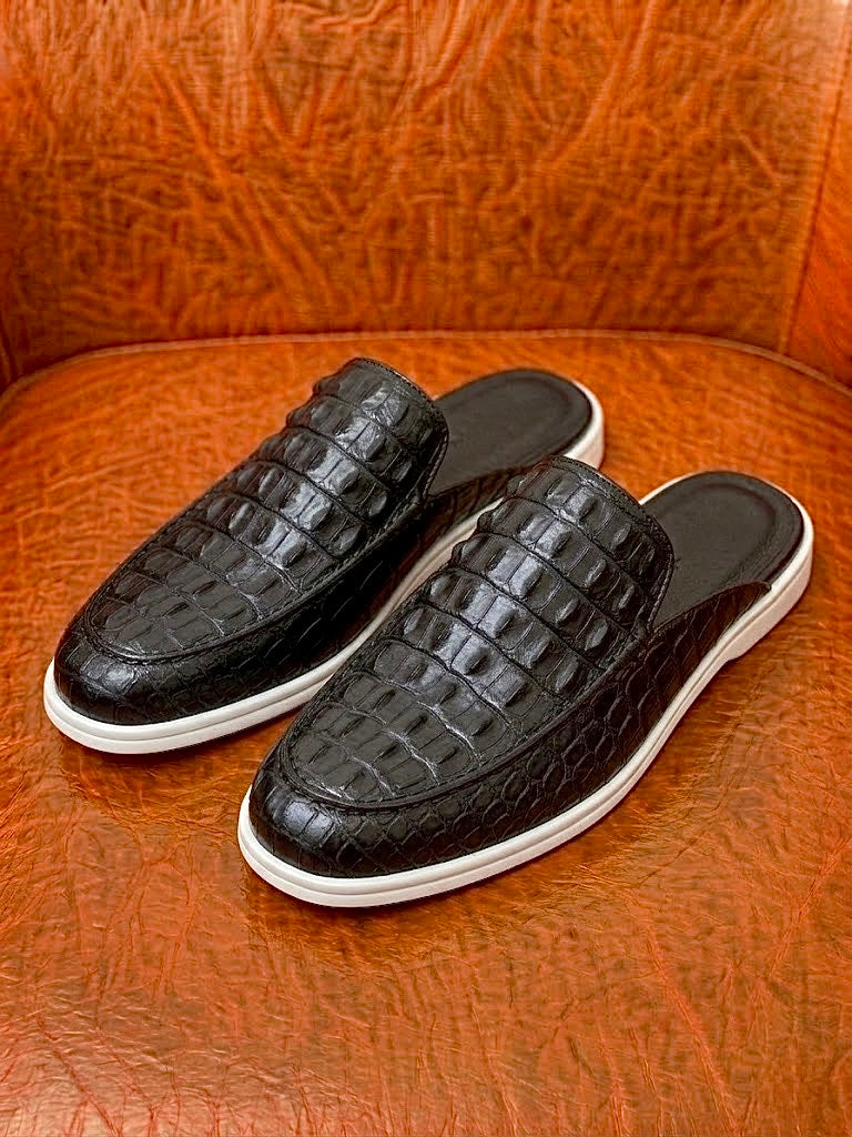 black crocodile mule for men, genuine skin, handmade backless