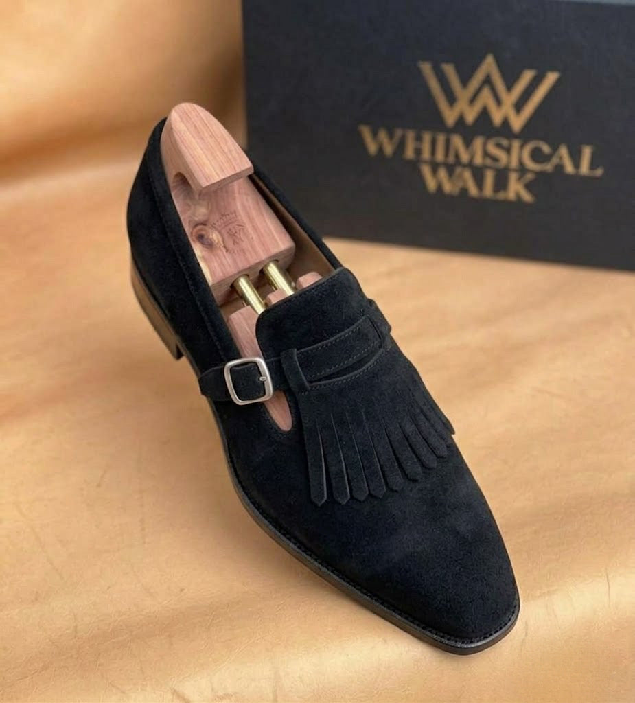 Black Suede Kiltie Monk Strap