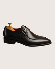 black single monk strap shoes with split toe, handmade leather