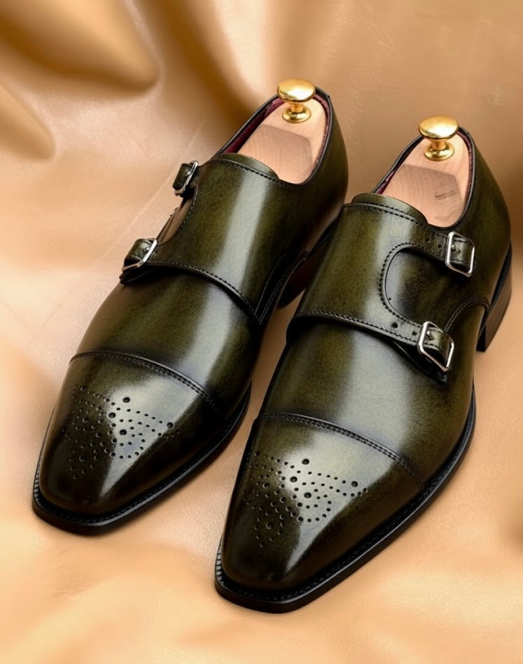 Olive green patina monk-strap