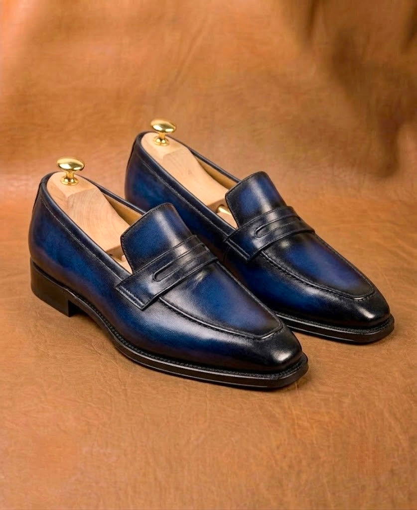 Blue patina penny loafers