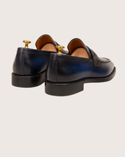 Blue patina penny loafers