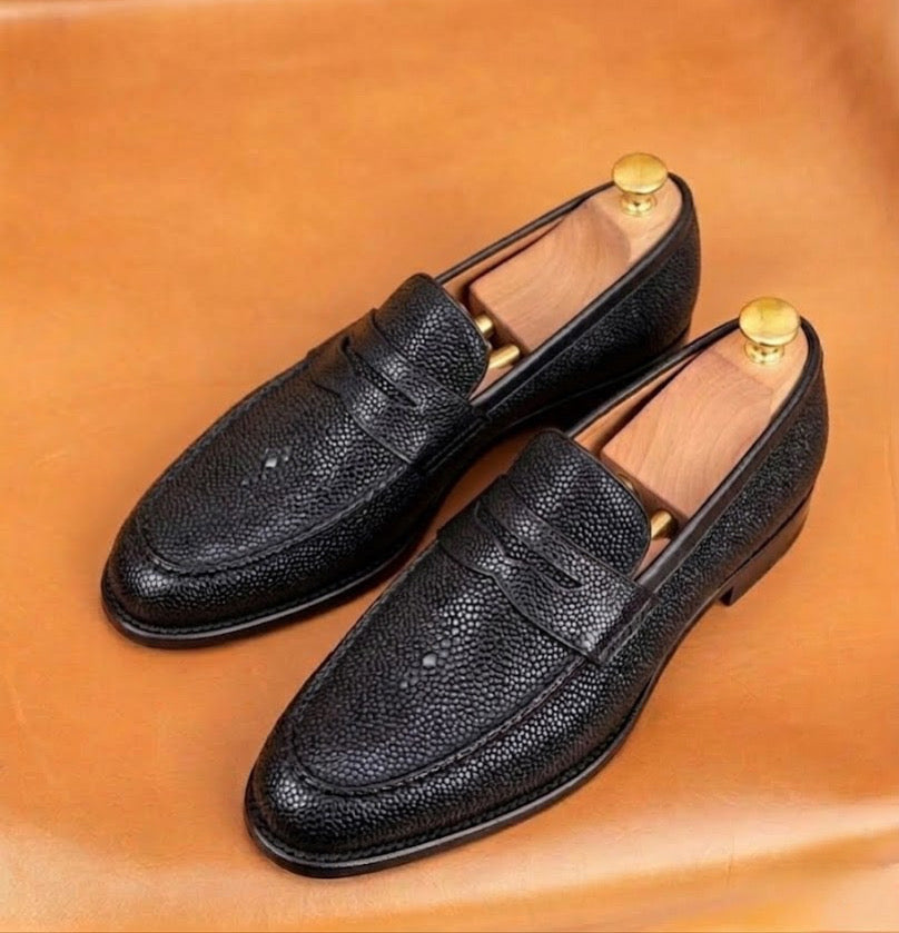 Black stingray penny loafers