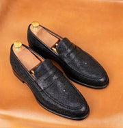 black stingray texture penny loafers for men, handmade
