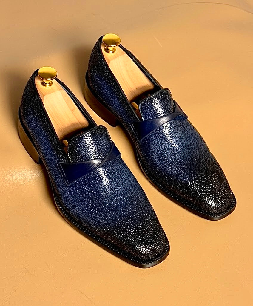 Blue & black patina stingray loafers