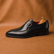 black single monk strap shoes with split toe, handmade leather