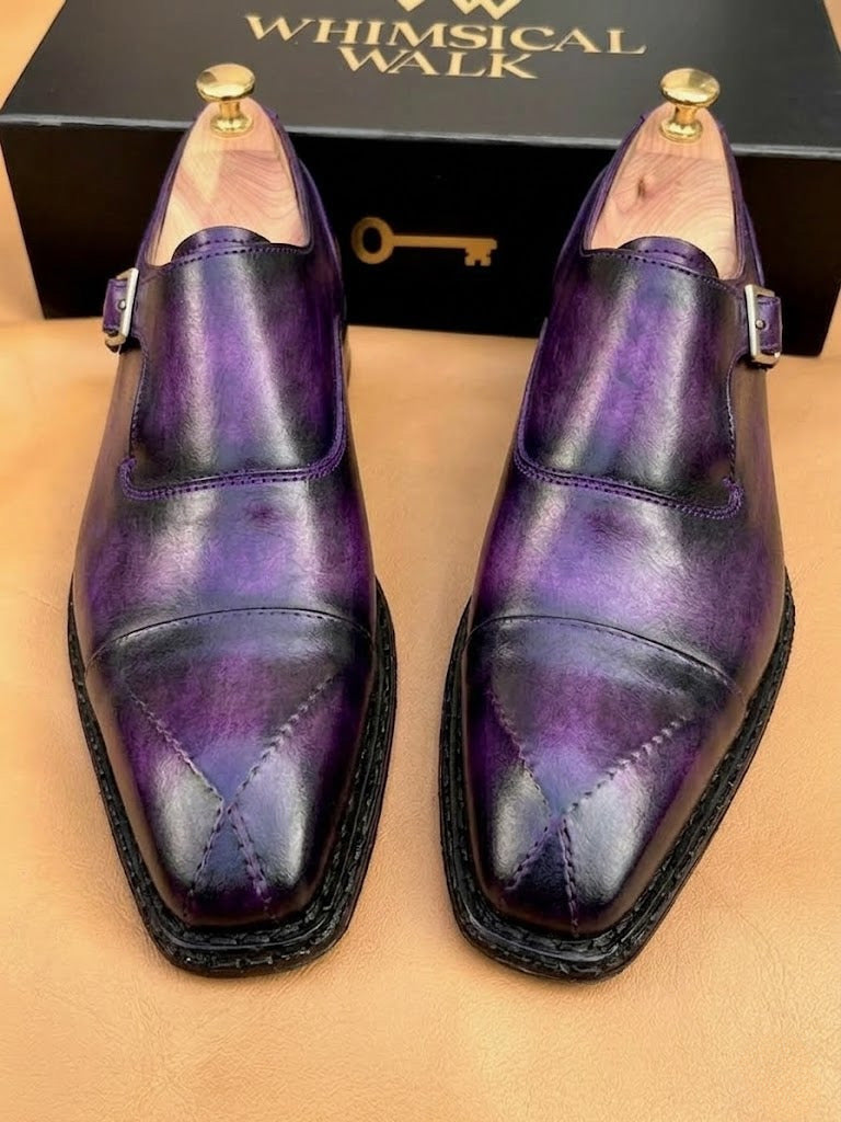 Purple patina cross stitched toe monkstrap