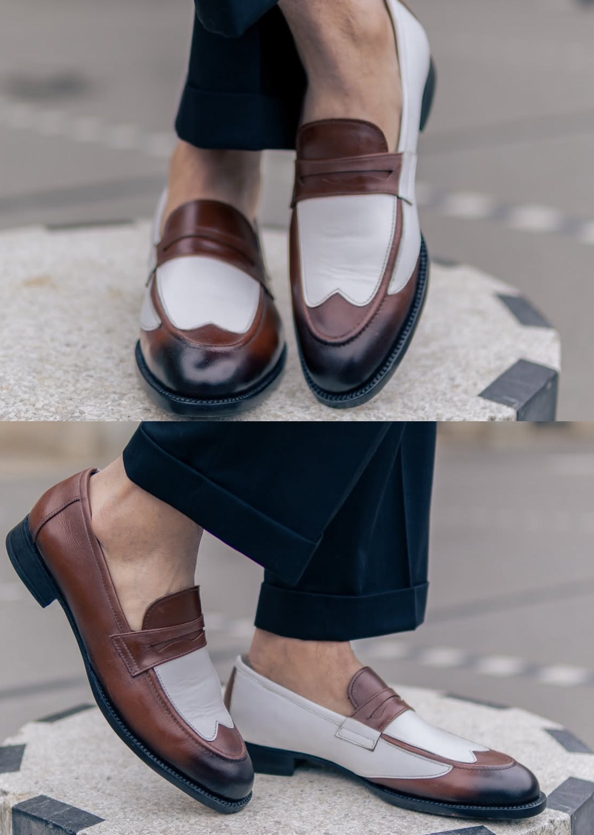 Brown and white penny loafers