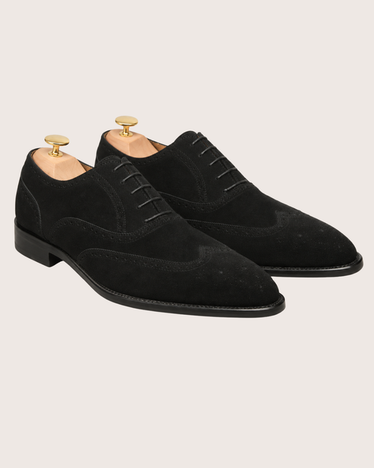 Black suede leather wingtip oxford