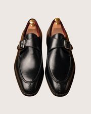 black single monk strap shoes with split toe, handmade leather