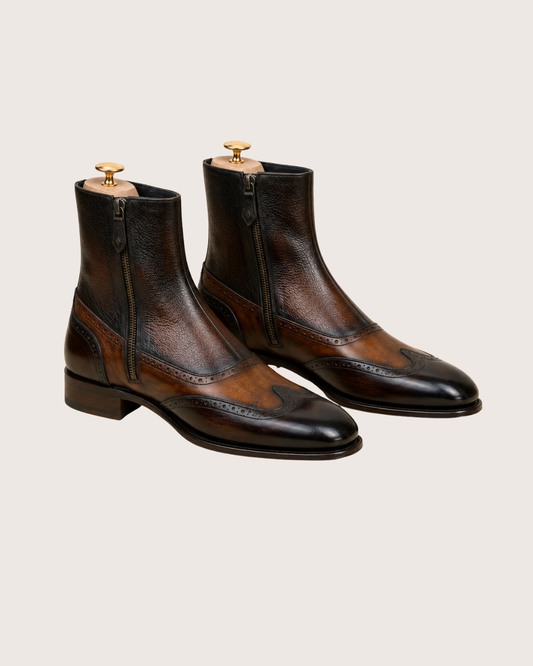 Brown patina zipper boots