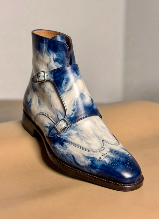 Blue patina monkstrap boots