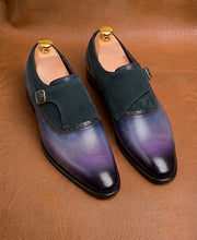 Men's Double Monk Strap Shoes in Hand Painted Patina