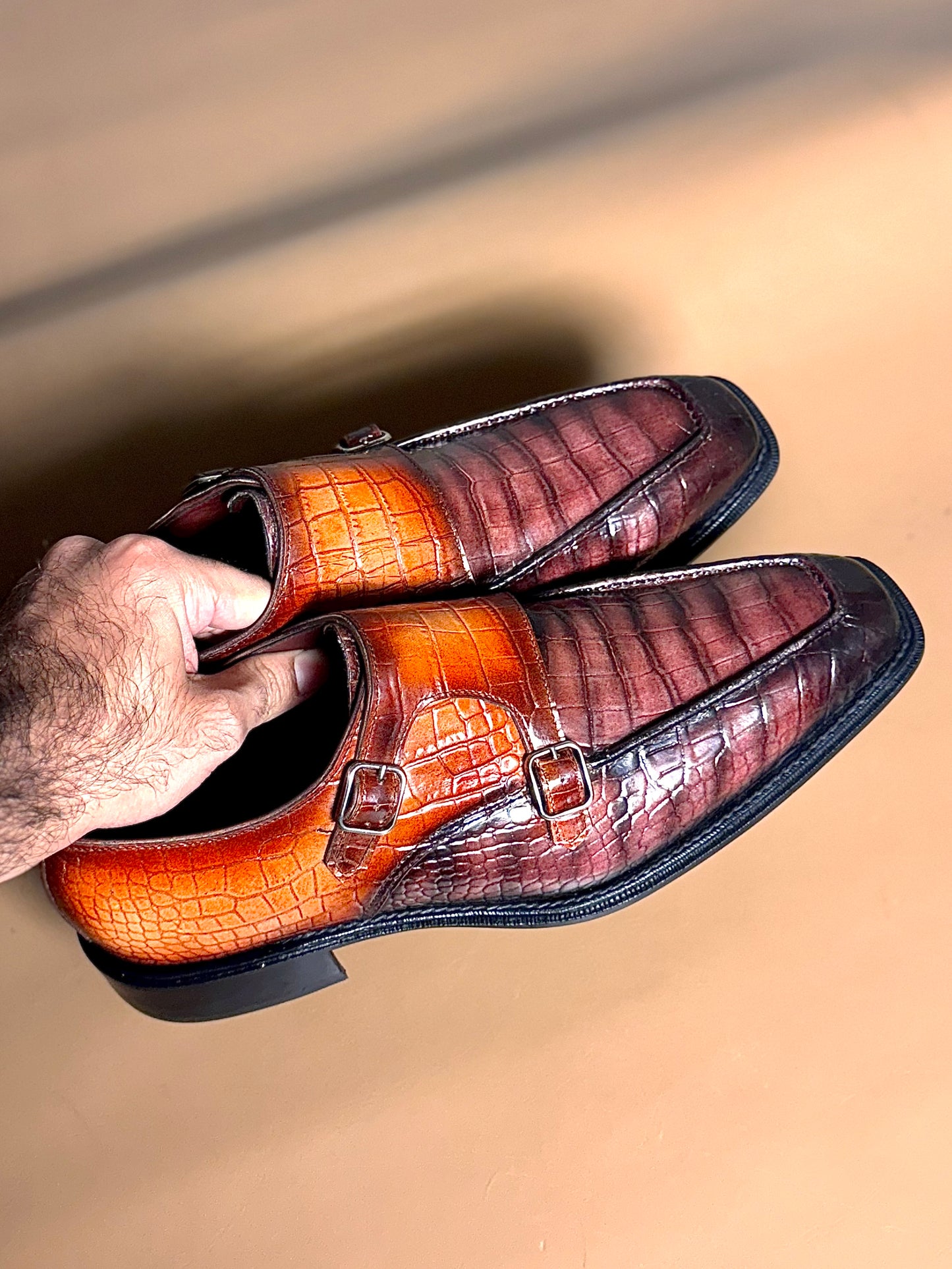 Patina crocodile double monkstrap
