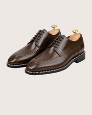 brown norwegian stitch derby shoes with split toe apron, handmade