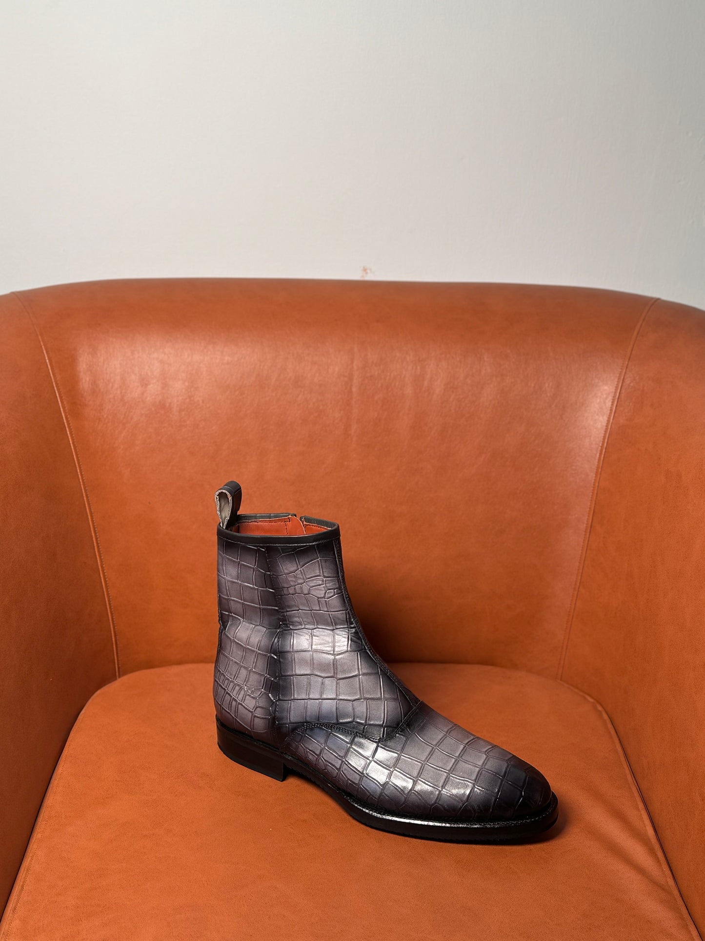 Gray and black patina croc boots