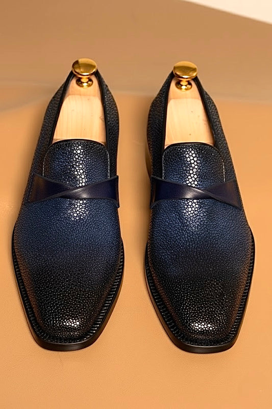 Blue & black patina stingray loafers
