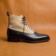 Black and beige victorian boots