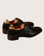 black single monk strap shoes with split toe, handmade leather