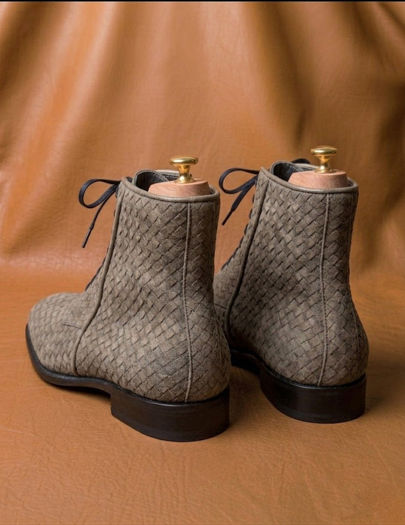 Gray handwoven suede boots