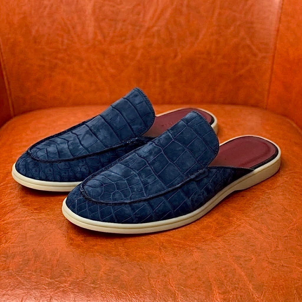 Navy blue Nubuck Crocodile Mule
