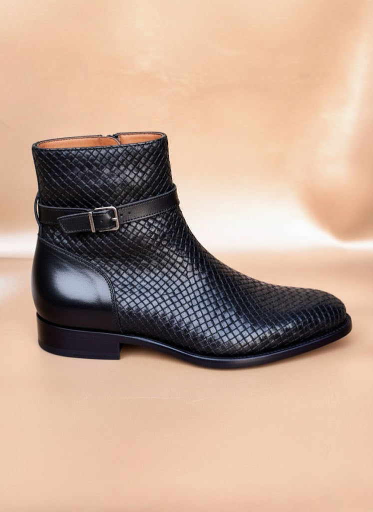 Men's black woven leather boots, three quarter view