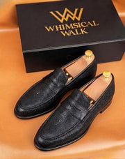 black stingray texture penny loafers for men, handmade