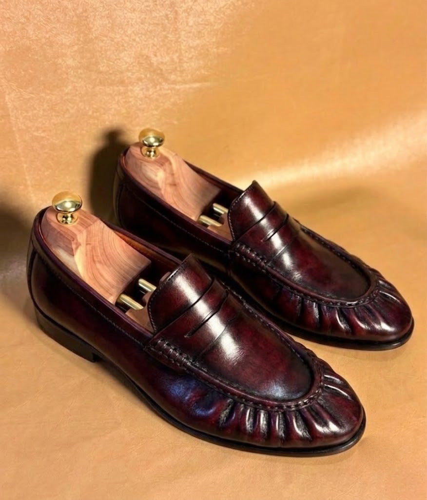 burgundy penny loafers for men, handmade dress loafer