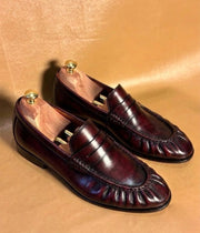 burgundy penny loafers for men, handmade dress loafer
