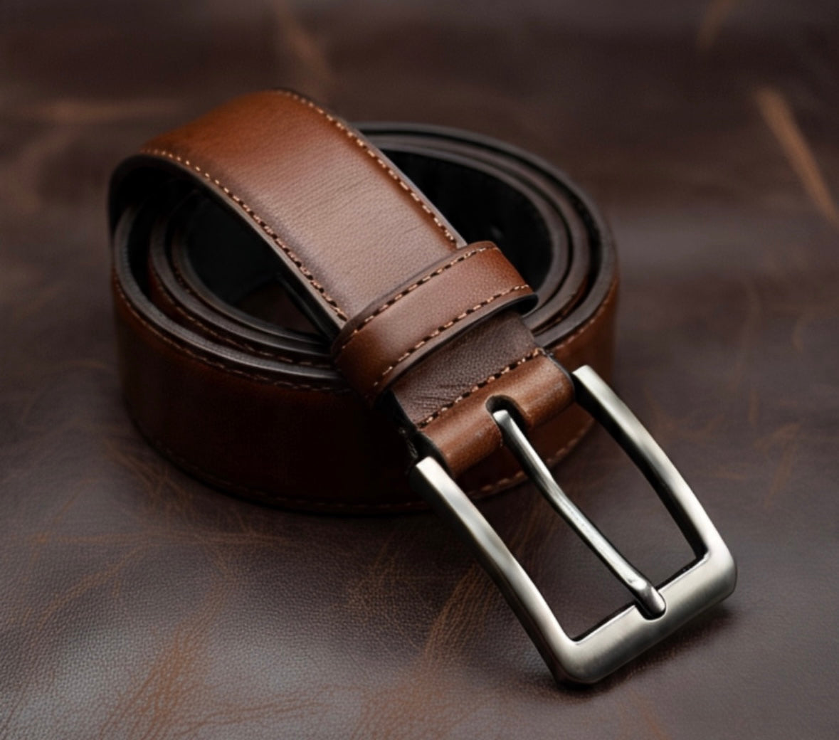 Men's brown leather belt with metal prong buckle, made to order