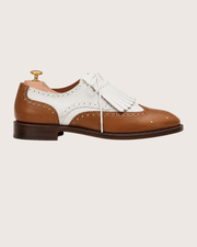two tone spectator kiltie brogues in tan and white, handmade
