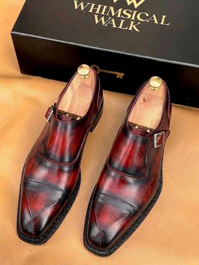 Red patina cross stitched monkstrap